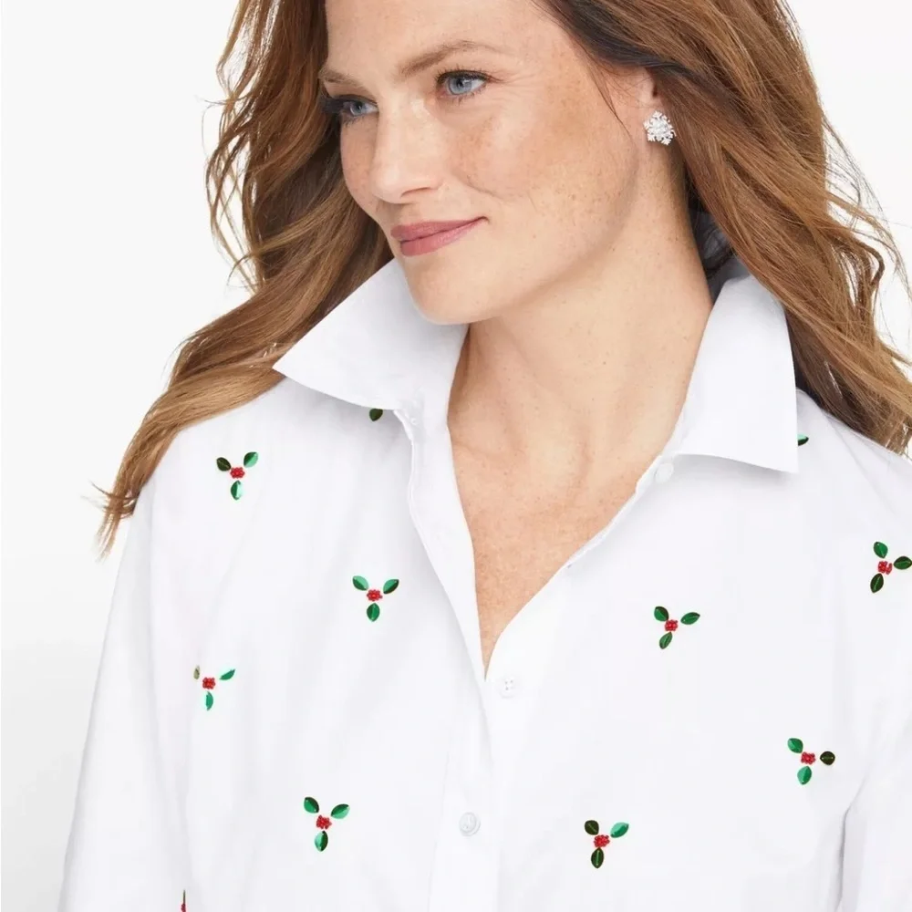 Talbots Women’s Button Down Shirt Small Sequin Holly Berry White Cotton Blouse - Picture 10 of 11